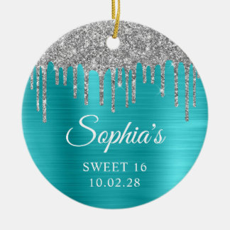 Silver Glitter Drips Aqua Blue Sweet 16 Photo Ceramic Tree Decoration