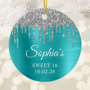 Silver Glitter Drips Aqua Blue Sweet 16 Photo Ceramic Tree Decoration
