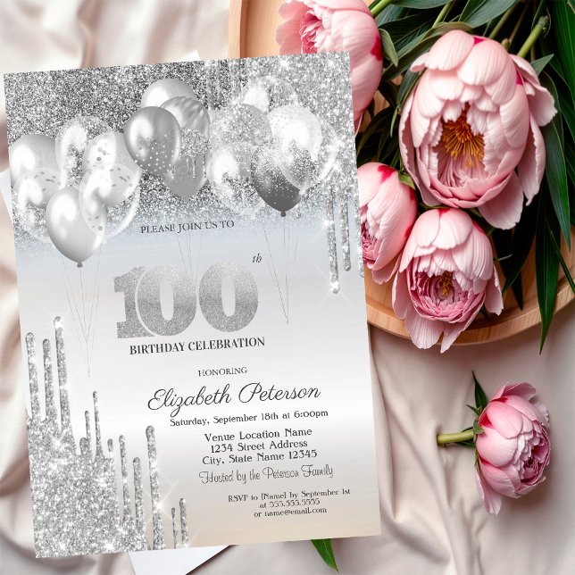  Silver Glitter Drips Balloons 100th Birthday Invitation (Creator Uploaded)