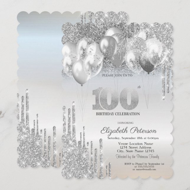  Silver Glitter Drips Balloons 100th Birthday Invitation (Front/Back)