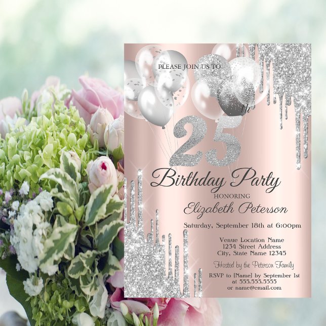 Silver Glitter Drips Balloons 25th Birthday  Invitation (Creator Uploaded)
