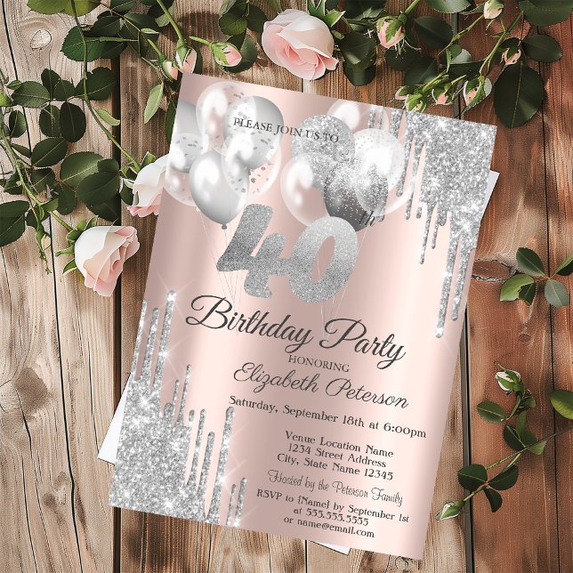 Silver Glitter Drips Balloons 40th Birthday  Invitation (Creator Uploaded)
