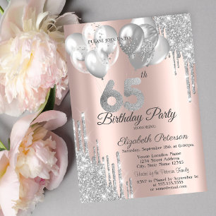 Silver Glitter Drips Balloons 65th Birthday  Invitation