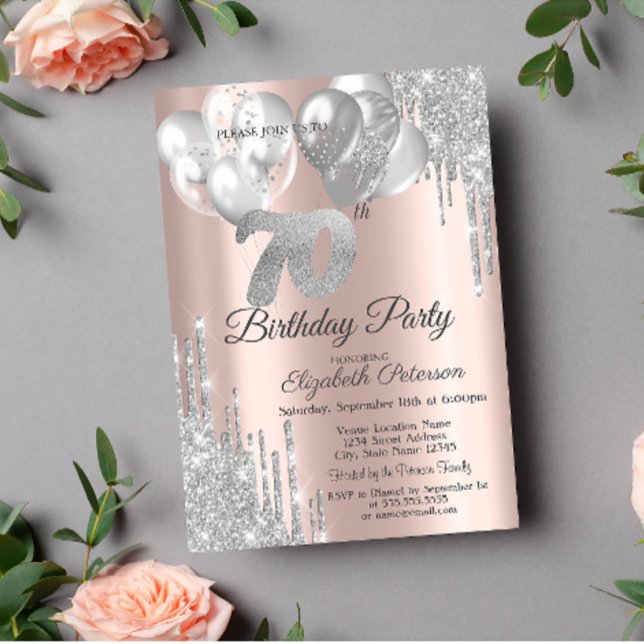 Silver Glitter Drips Balloons 70th Birthday  Invitation (Creator Uploaded)
