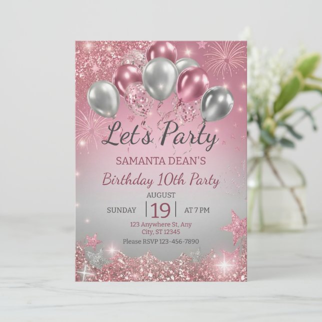 Silver Glitter Drips Balloons Birthday  Invitation (Standing Front)