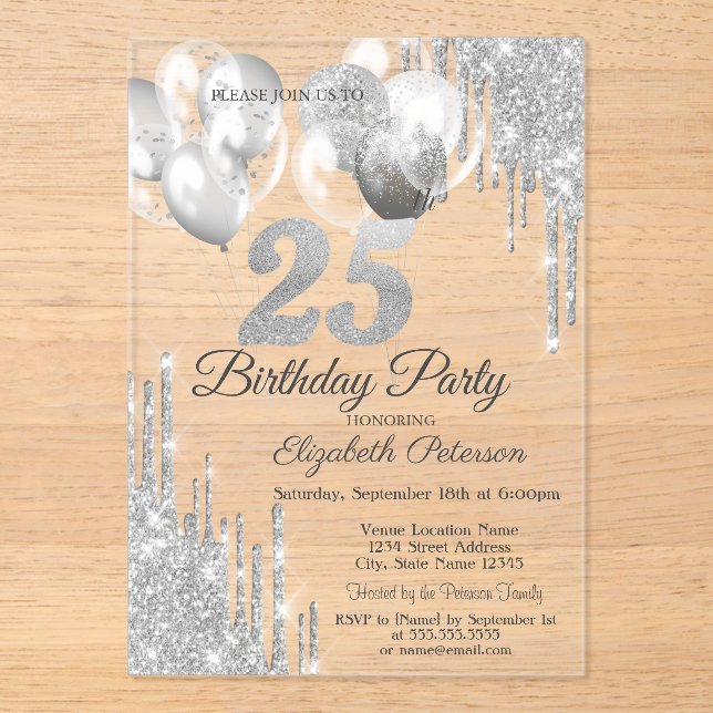 Silver Glitter Drips Balloons Blue Metallic 25th  Acrylic Invitations (Front)