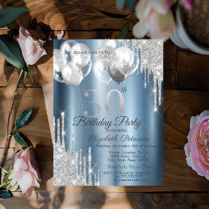 Silver Glitter Drips Balloons Blue Metallic 30th  Invitation
