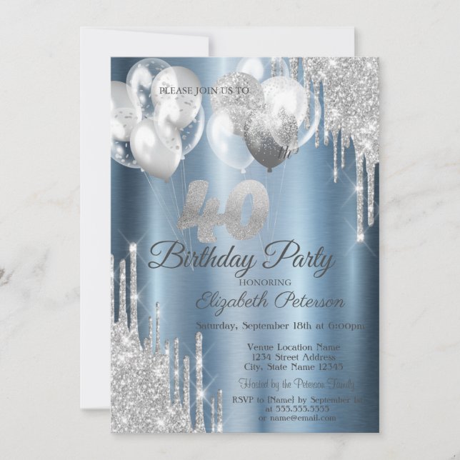 Silver Glitter Drips Balloons Blue Metallic 40th  Invitation (Front)