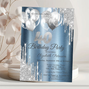 Silver Glitter Drips Balloons Blue Metallic 40th Invitation