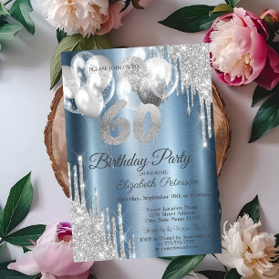 Silver Glitter Drips Balloons Blue Metallic 60th  Invitation