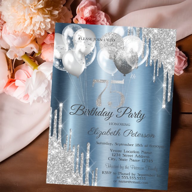 Silver Glitter Drips Balloons Blue Metallic 75th  Invitation (Creator Uploaded)
