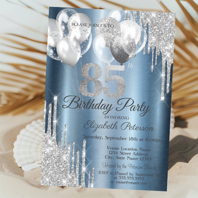 Silver Glitter Drips Balloons Blue Metallic 85th  Invitation (Creator Uploaded)