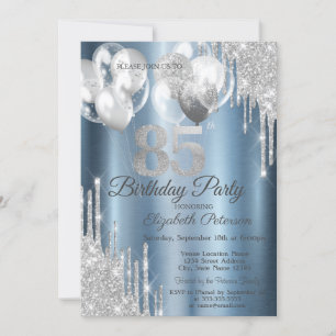 Silver Glitter Drips Balloons Blue Metallic 85th  Invitation