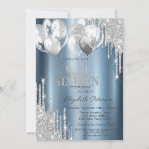 Silver Glitter Drips Balloons Blue Sweet 16 Invitation