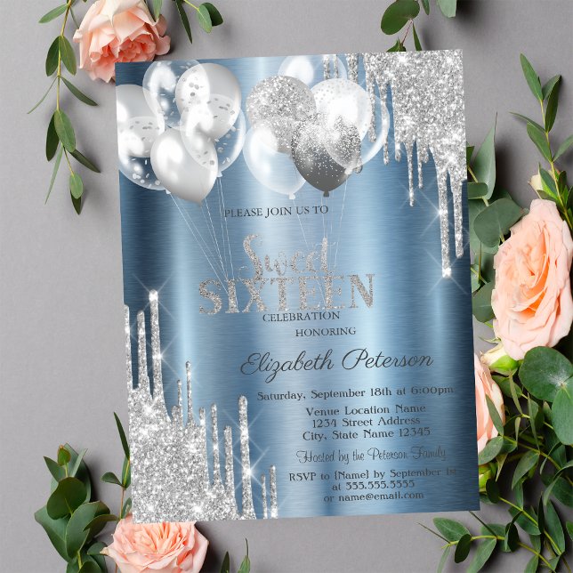 Silver Glitter Drips Balloons Blue Sweet 16 Invitation (Creator Uploaded)