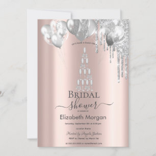 Silver Glitter Drips Balloons Champagne Glass Invitation