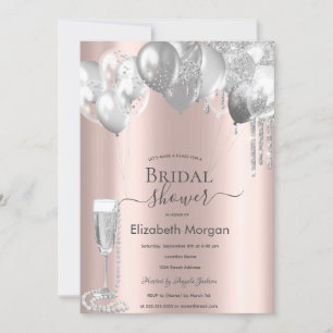 Silver Glitter Drips Balloons Prosecco Pearls Invitation