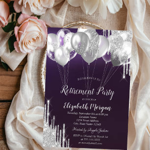 Silver Glitter Drips Balloons Purple Retirement Invitation