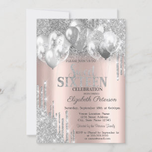Silver Glitter Drips Balloons Rose Gold  Sweet 16 Invitation