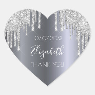 Silver glitter drips birthday Thank You Heart Sticker