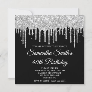 Silver Glitter Drips Black 40th Birthday Invitation