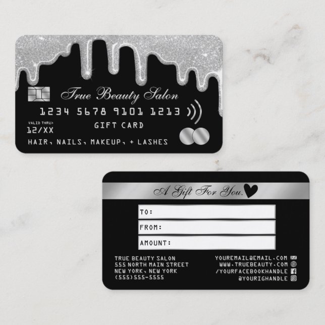 Silver Glitter Drips Black Credit Gift Certificate (Front/Back)