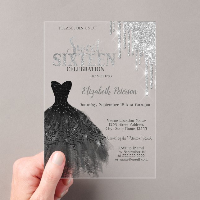 Silver Glitter Drips,Black Dres Sweet 16 Acrylic Invitations (Insitu (Handheld))