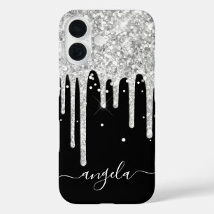 Silver Glitter Drips Black Glam Signature iPhone 16 Case