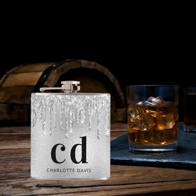 Silver glitter drips black monogram name hip flask (Creator Uploaded)
