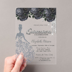Silver Glitter Drips Black Roses Sweet 16 Acrylic Invitations
