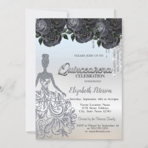Silver Glitter Drips Black Roses Sweet 16 Invitation