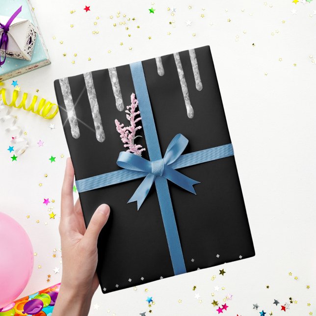 Silver glitter drips black sparkle wrapping paper (Creator Uploaded)