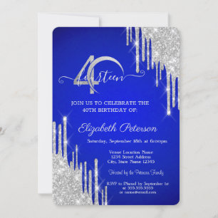 Silver Glitter Drips Blue 40th Birthday  Invitation