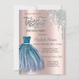 Silver Glitter Drips, Blue Dress  21st Birthday Invitation