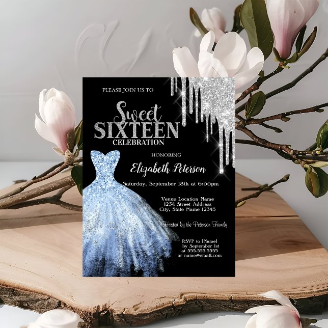 Silver Glitter Drips,Blue Dress Black Sweet 16  Invitation (Creator Uploaded)