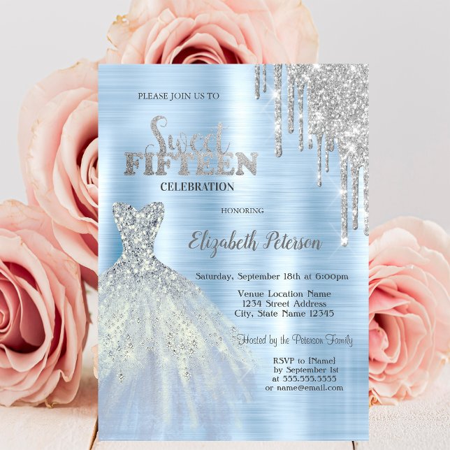 Silver Glitter Drips Blue Dress Blue Metallic  Invitation (Creator Uploaded)