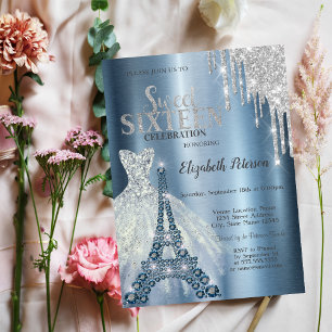 Silver Glitter Drips,Blue Dress Eiffel Tower Invitation