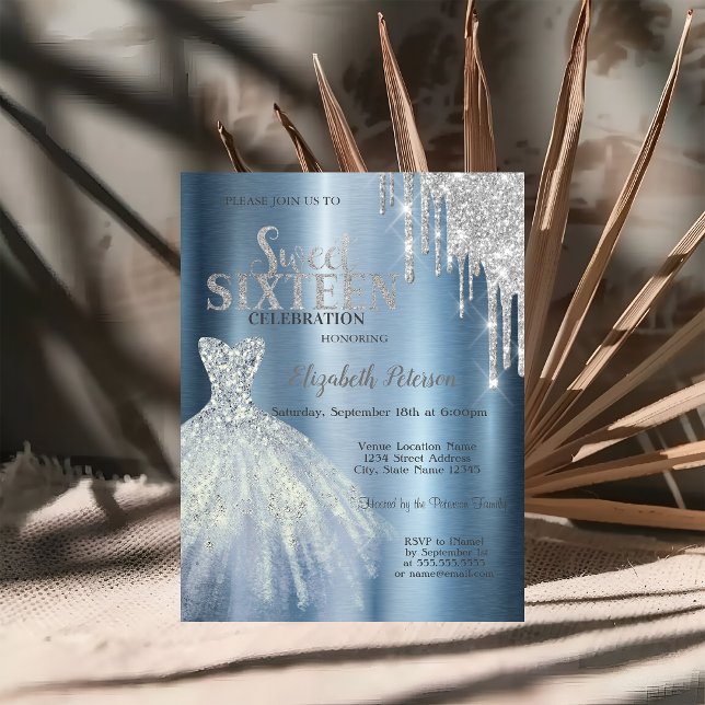 Silver Glitter Drips,Blue Dress Metallic Sweet 16 Invitation (Creator Uploaded)