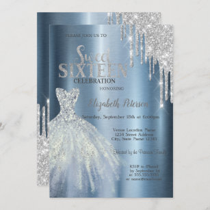 Silver Glitter Drips,Blue Dress Metallic Sweet 16 Invitation