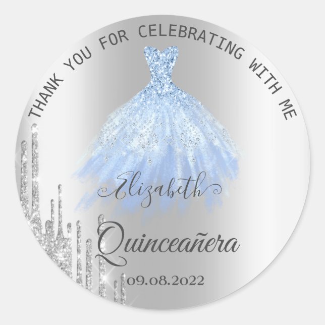 Silver Glitter Drips Blue Dress Quinceañera Classic Round Sticker (Front)