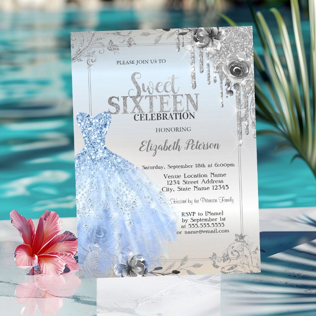 Silver Glitter Drips,Blue Dress Roses Sweet 16   Invitation (Creator Uploaded)