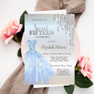 Silver Glitter Drips,Blue Dress Silver Sweet 15 Invitation