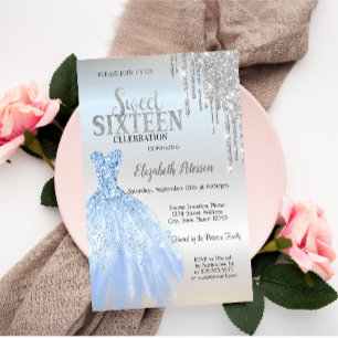 Silver Glitter Drips,Blue Dress Silver Sweet 16  Invitation