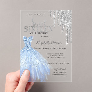 Silver Glitter Drips,Blue Dress Sweet 16  Acrylic Invitations