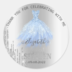 Silver Glitter Drips Blue Dress Sweet 16  Classic Round Sticker