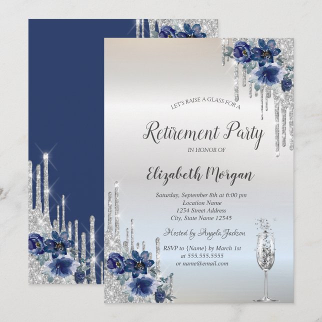 Silver Glitter Drips Blue Flowers Retirement  Invitation (Front/Back)