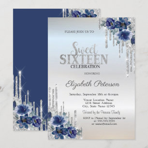 Silver Glitter Drips Blue Flowers Silver Sweet 16  Invitation