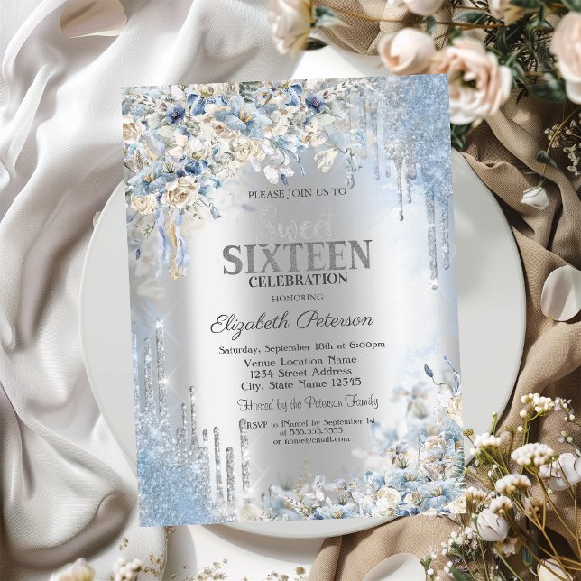 Silver Glitter Drips Blue Flowers Sweet 16 Invitation (Creator Uploaded)