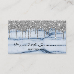 Silver Glitter Drips Blue Marble Customise Glitter Business Card