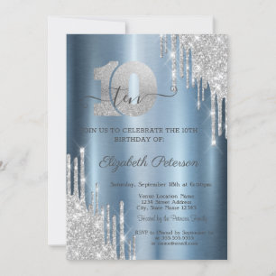 Silver Glitter Drips Blue Metallic 10th Birthday Invitation